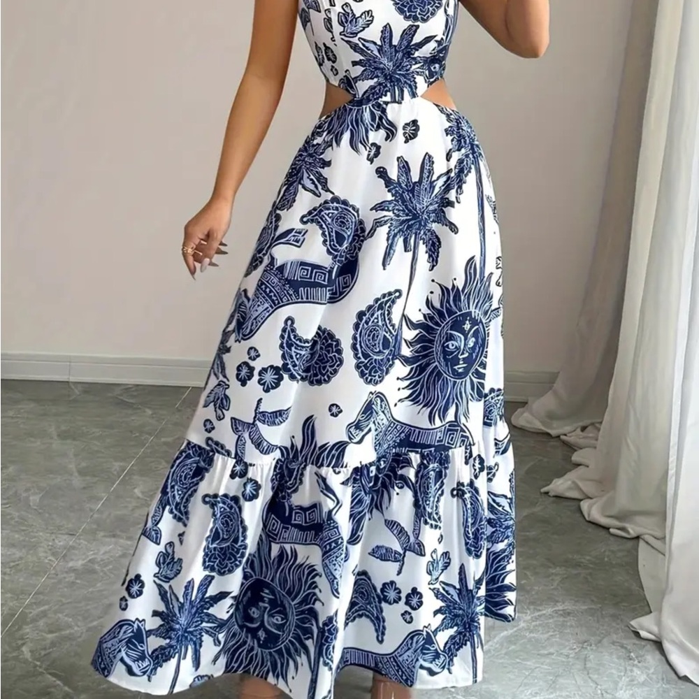 Chic Navy and White Patterned Maxi Dress Backless Vacation XL NWT